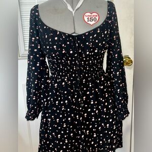 Liberty Love Black Long-Sleeve Smocked Waist Dress with Pink Spot Print